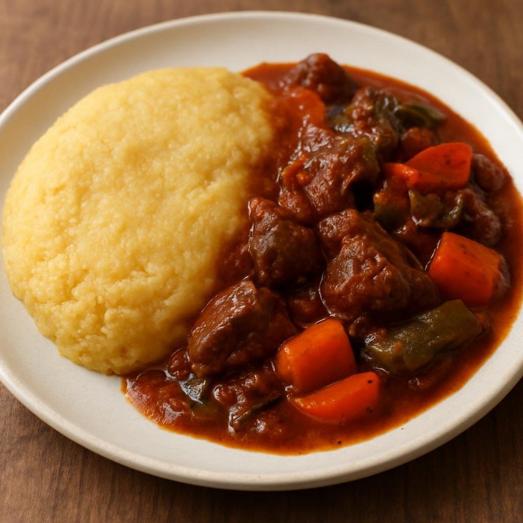 Entree: Antigua and Barbuda – National Cuisine – Fungee and Pepperpot (Dense cornmeal dumpling served with a richly seasoned meat and vegetable stew) recipe
