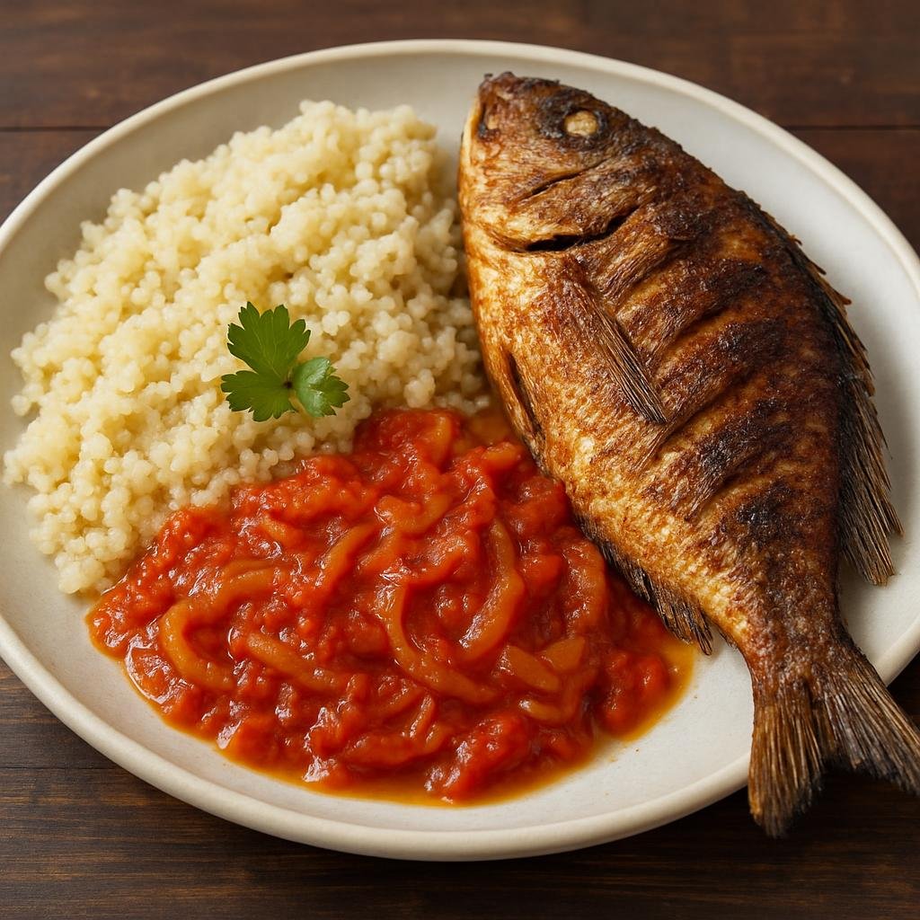 Entree: Cote d'Ivoire – National Cuisine – Attiéké Poisson (Whole grilled or pan-fried fish served with Ivorian cassava couscous and a spicy tomato and onion sauce) recipe