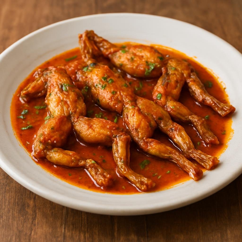 Entree: Dominica – National Cuisine – Mountain Chicken (Traditional Dominican fried frog legs in a tangy Creole-style sauce) recipe