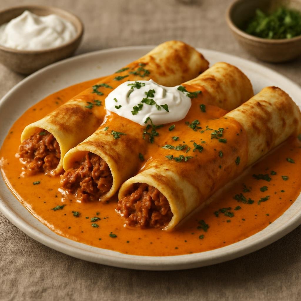 Entree: Hungary – Great Plain – Hortobágyi Palacsinta (Savory Hungarian crepes filled with paprika‑seasoned meat ragout and finished with a creamy paprika sauce) recipe