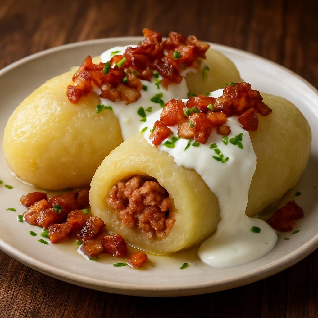 Entree: Lithuania – Northern Culinary Region – Cepelinai (Large Lithuanian potato dumplings typically stuffed with seasoned meat and served with sour cream and bacon) recipe
