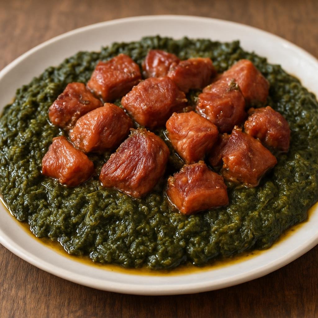Entree: Madagascar – Northern Culinary Region – Ravitoto sy Henakisoa (Pork stewed with crushed cassava leaves) recipe