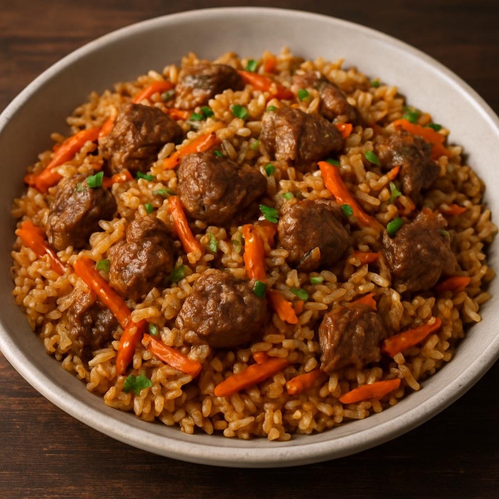 Entree: Turkmenistan – Northern Culinary Region – Plov (Central Asian rice pilaf of tender lamb cooked with carrots, onions, and aromatic spices) recipe