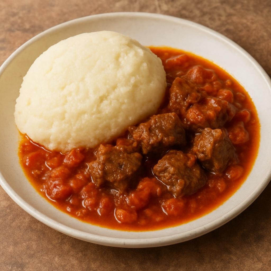 Entree: Zimbabwe – Northern Culinary Region – Sadza neNyama (Thick cornmeal porridge served with a hearty tomato-and-beef stew) recipe