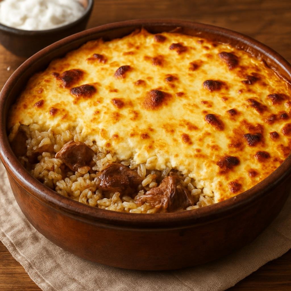Entree: Albania – Central Culinary Region – Tavë Kosi (Baked lamb and rice topped with a tangy yogurt-and-egg custard) recipe