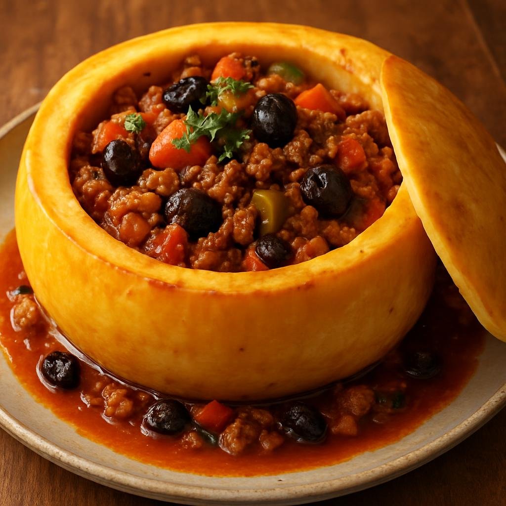 Entree: Aruba – Central Culinary Region – Keshi Yena (Baked hollowed Edam cheese filled with spiced meat, vegetables, olives, and raisins in a savory tomato sauce) recipe