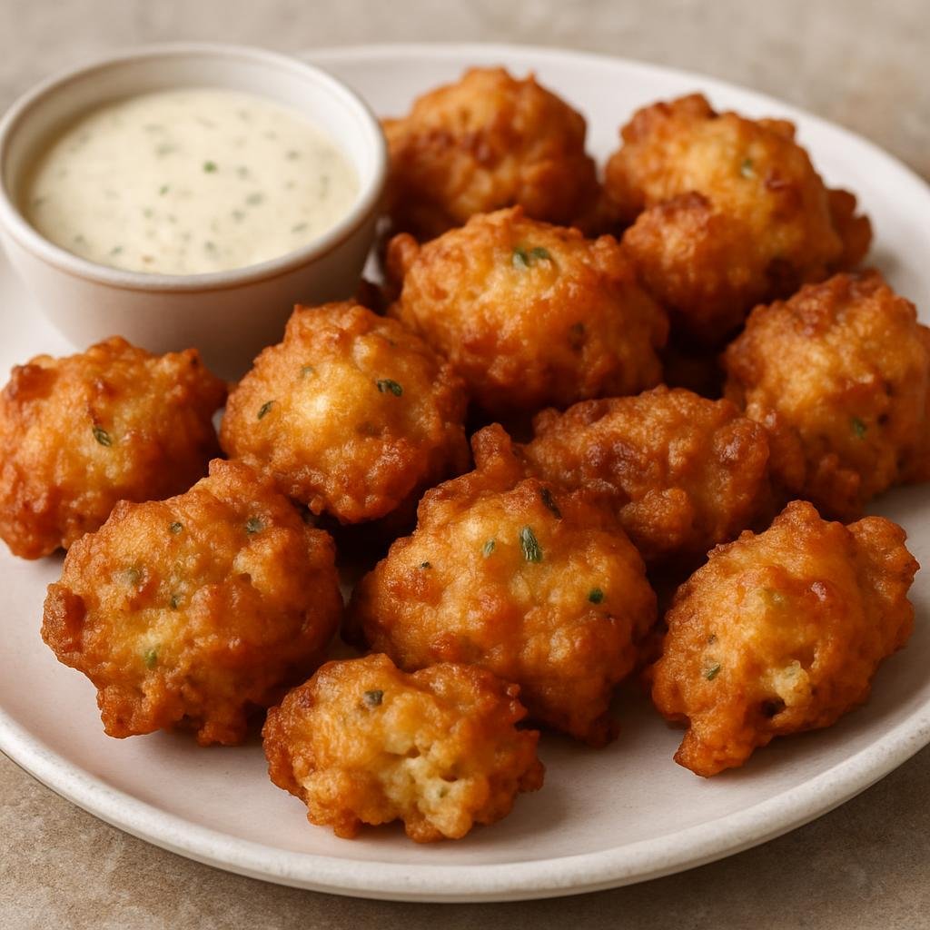 Entree: Bahamas – Central Culinary Region – Conch Fritters (Deep-fried seasoned fritters made with chopped conch in a savory batter) recipe