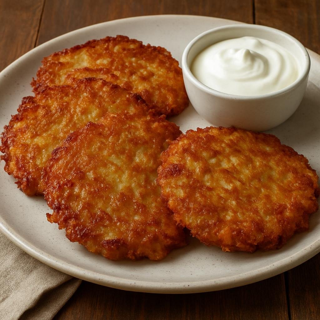 Entree: Belarus – Central Culinary Region – дранікі ➤ draniki (Potato pancakes made from grated potatoes and onion, pan-fried until crisp) recipe