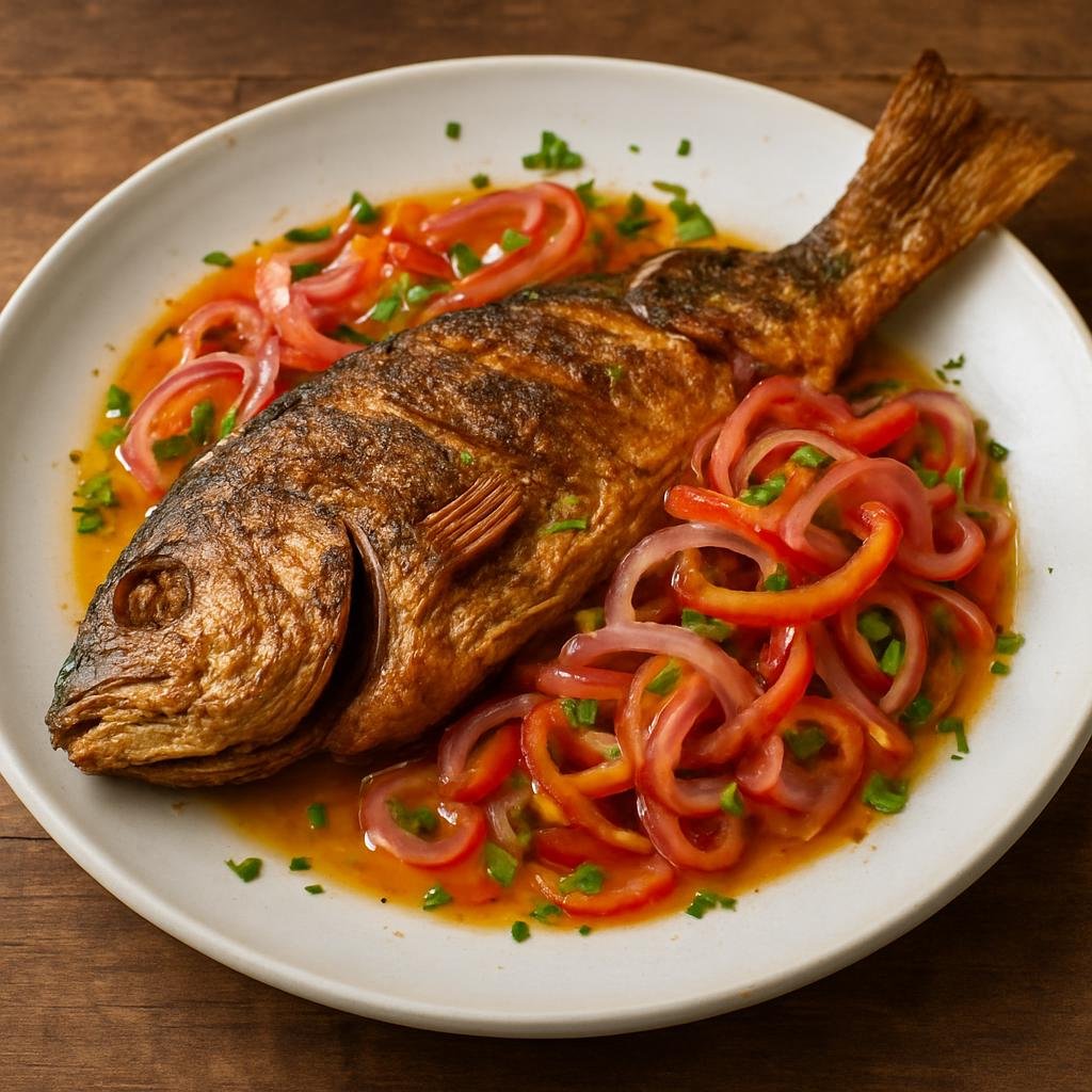Entree: Cayman Islands – Central Culinary Region – Cayman Style Fish (Pan-fried Caribbean whole fish served with a tangy pickled onion and pepper sauce) recipe