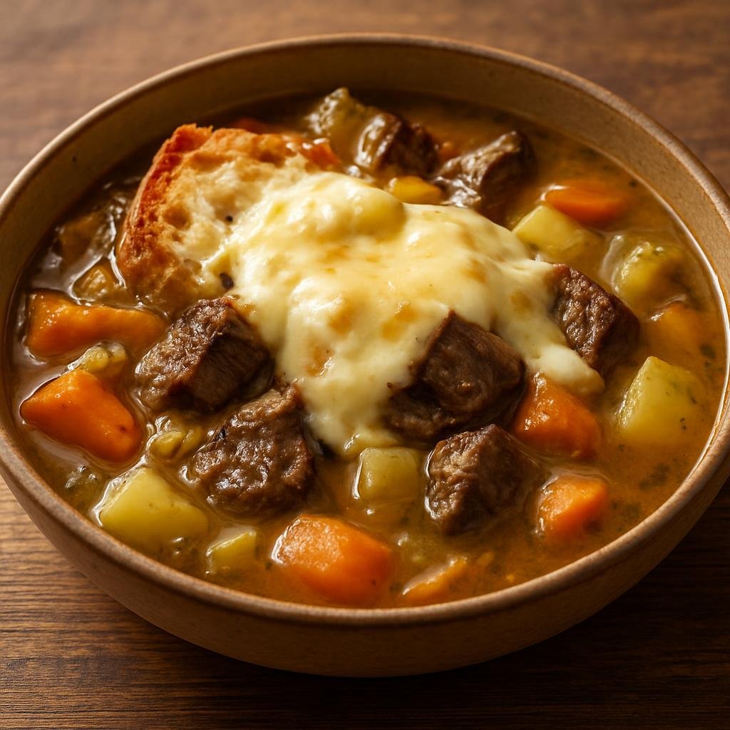 Entree: Italy – Aosta Valley – Seupa à la Vapelenentse (Hearty Alpine mountain soup of bread, slow-braised beef, vegetables, and melted Fontina cheese) recipe