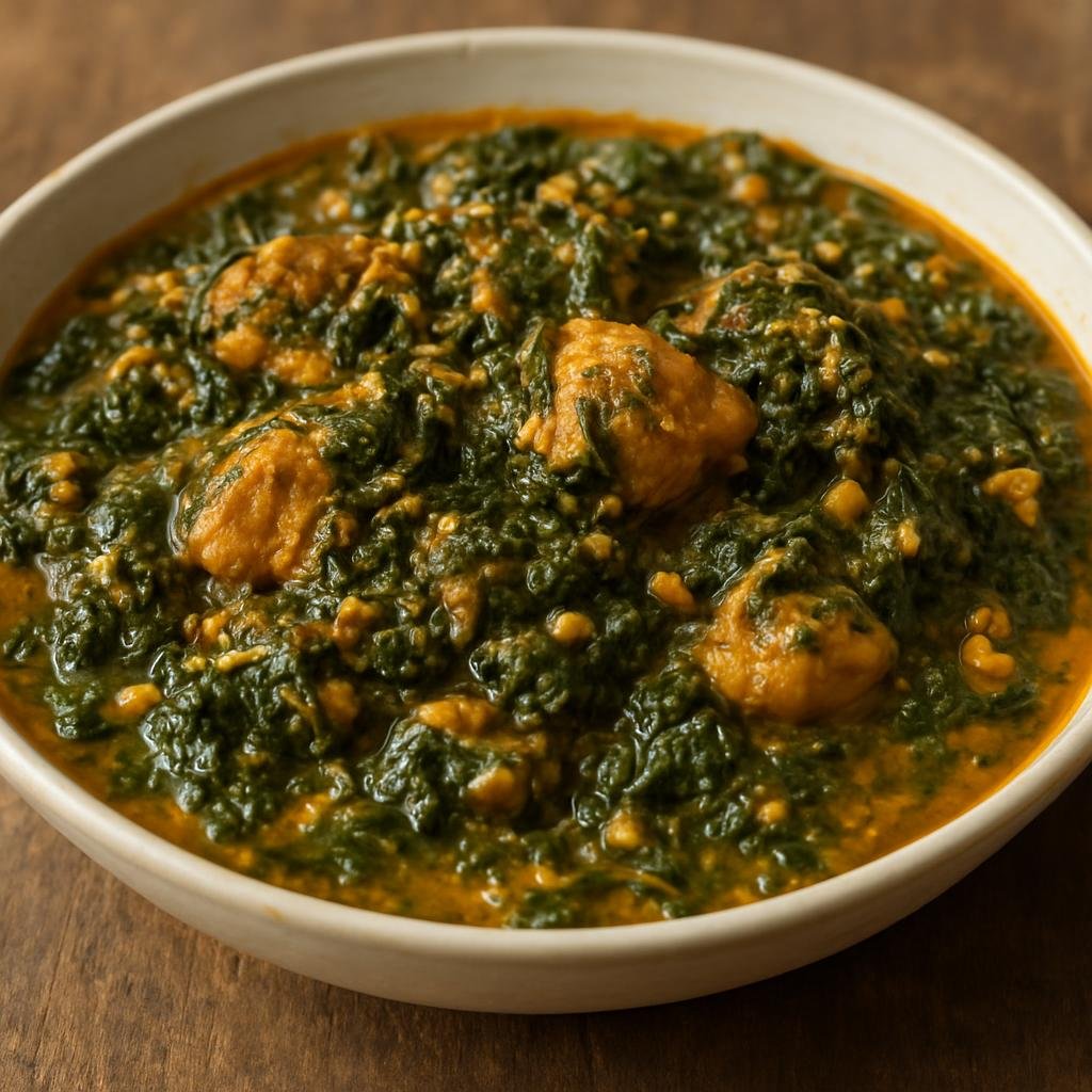 Entree: Sierra Leone – Southern Culinary Region – Cassava Leaves (Hearty stew of pounded cassava leaves cooked with palm oil, ground peanuts, and protein) recipe