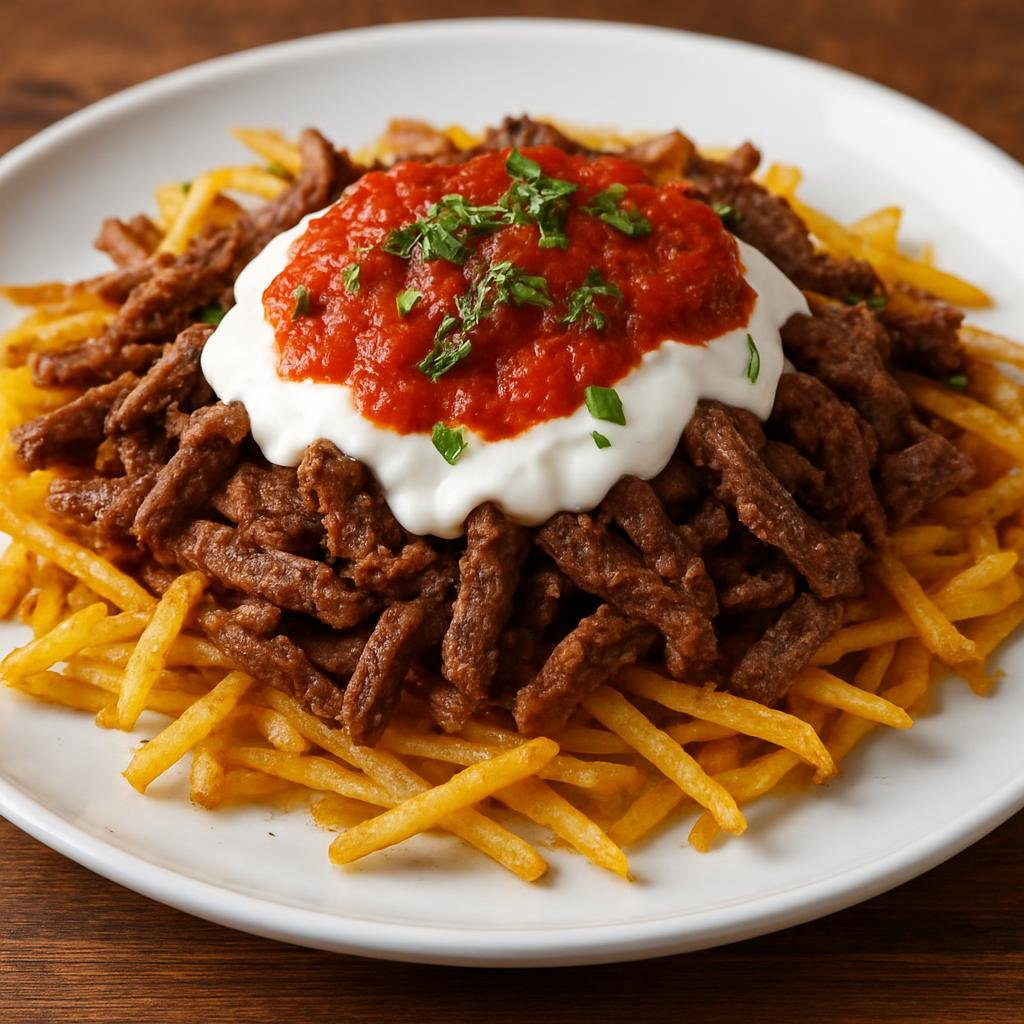 Entree: Turkey – Aegean Turkey – Çökertme Kebabı (Thinly sliced marinated beef served over fried shoestring potatoes with garlic yogurt and spiced tomato sauce) recipe