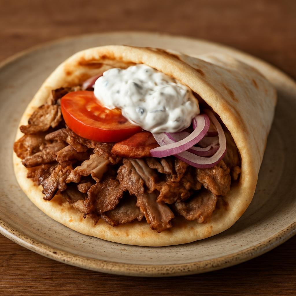 Entree: Greece – Athens & Attica – γύρος ➤ gyros (Greek seasoned rotisserie-style meat sliced thin and served in pita with tzatziki, tomato, and onion) recipe