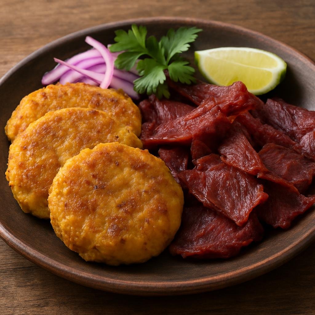 Entree: Peru – Amazonian Peru – Tacacho con Cecina (Mashed fried green plantain cakes served with smoked dried beef) recipe