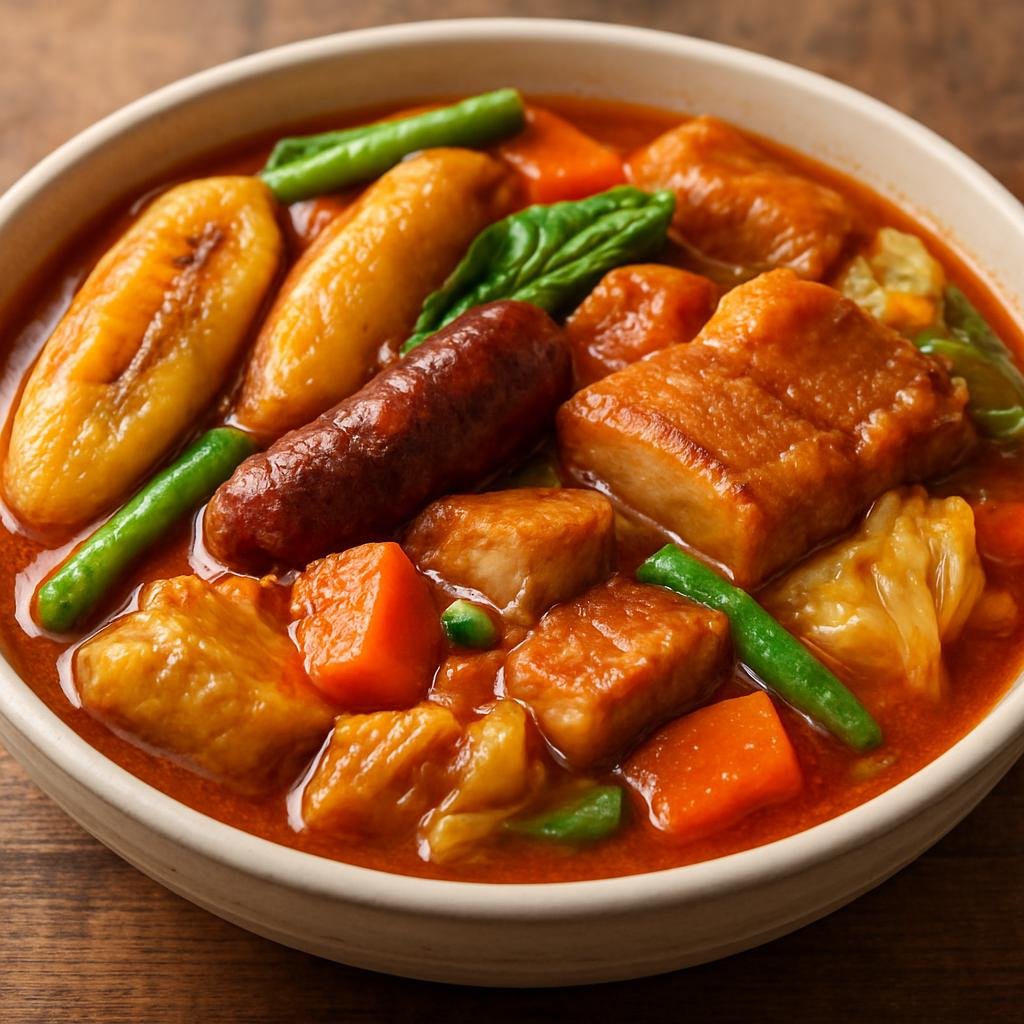 Entree: Philippines – Cebuano – Pochero Cebuano (Cebu-style tomato-based pork and chorizo stew with saba bananas and vegetables) recipe