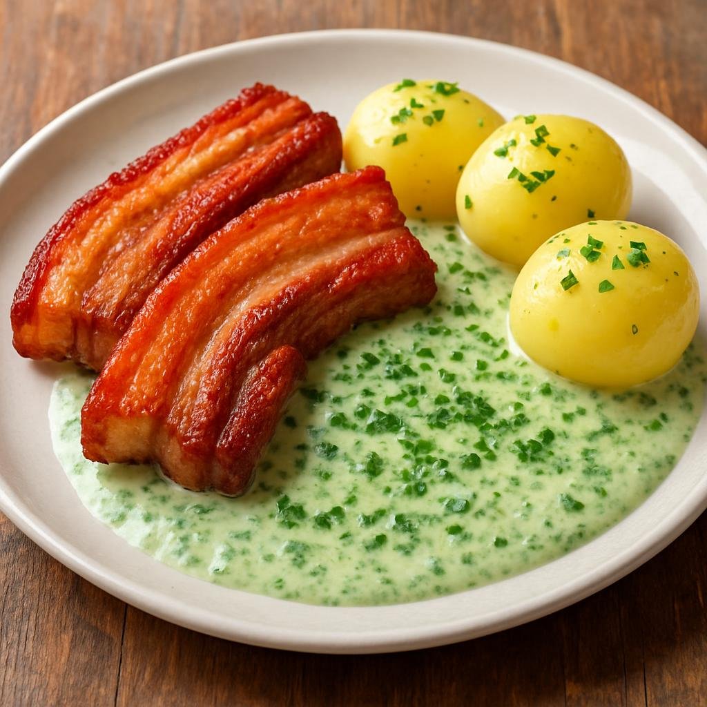 Entree: Denmark – Central Culinary Region – Stegt flæsk med persillesovs (Crispy fried pork belly served with a creamy parsley sauce and boiled potatoes) recipe
