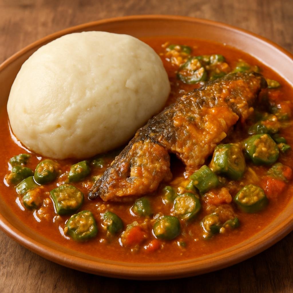 Entree: Ghana – Ashanti – Banku with Okra Stew (Fermented corn and cassava dough served with a Ghanaian okra and fish stew) recipe