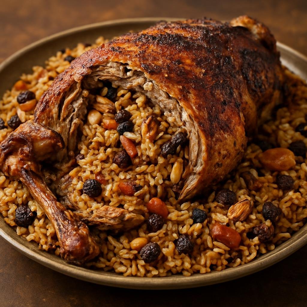 Entree: Iraq – Basra & South – قوزي ➤ Qoozi (Slow-roasted spiced lamb stuffed with seasoned rice, nuts, and dried fruit) recipe
