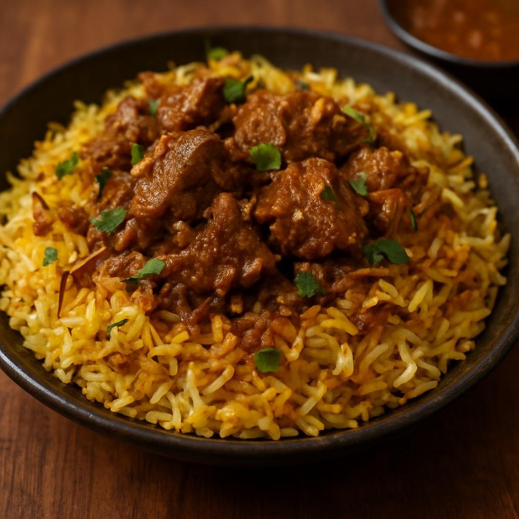 Entree: Singapore – Indian Singapore – Mutton Biryani (Fragrant layered basmati rice cooked with spiced mutton using the sealed dum method) recipe