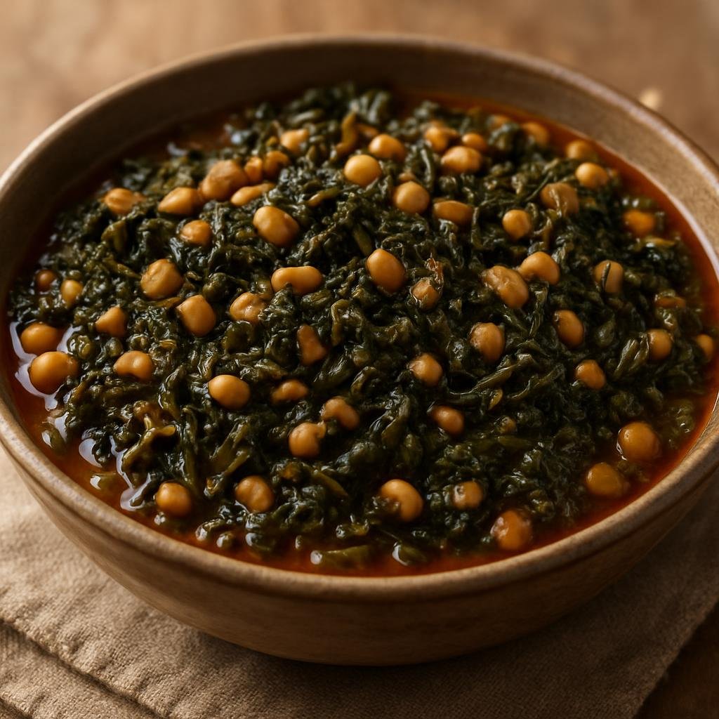 Entree: Botswana – National Cuisine – Morogo Wa Dinawa (Braised wild leafy greens stewed with cowpeas and savory aromatics) recipe