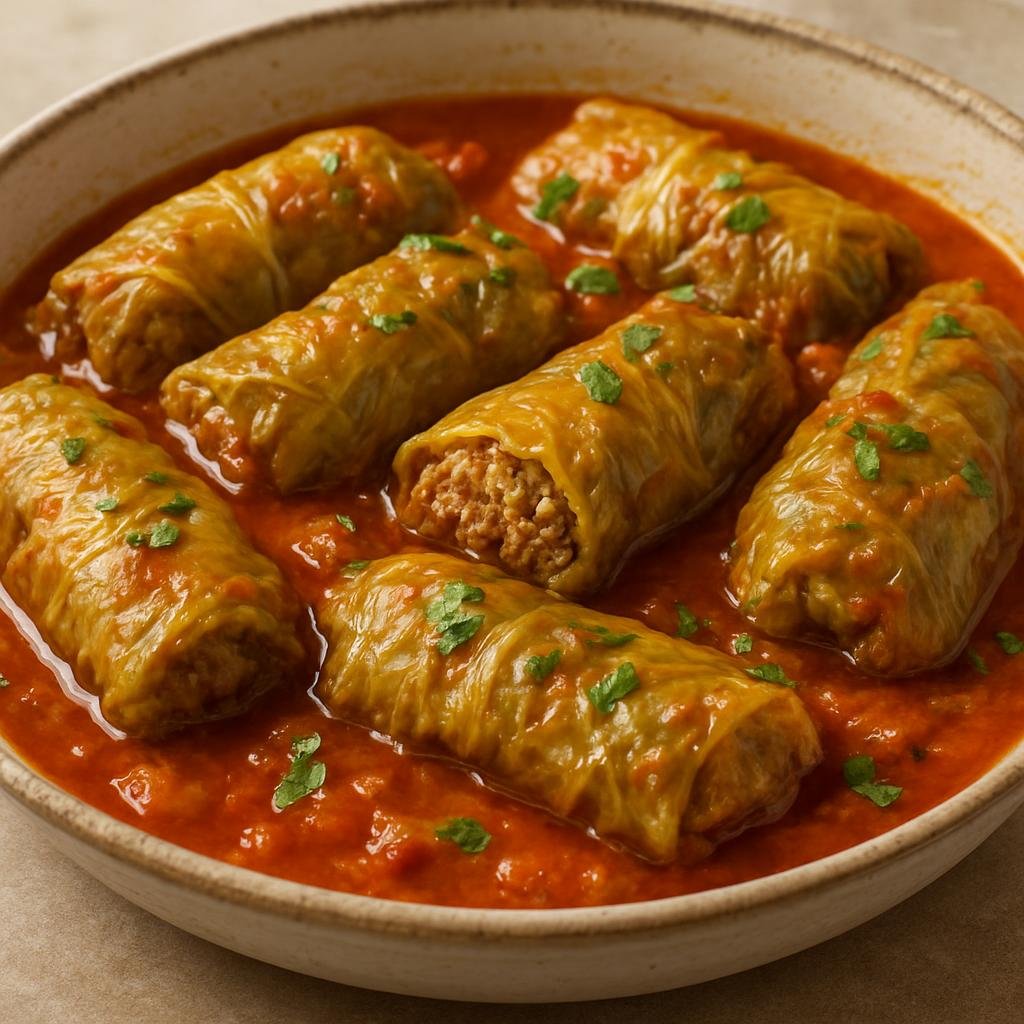 Entree: Bulgaria – National Cuisine – сарми ➤ sarmi (Grape or cabbage leaves stuffed with a spiced meat and rice mixture, slowly cooked in a savory tomato broth) recipe