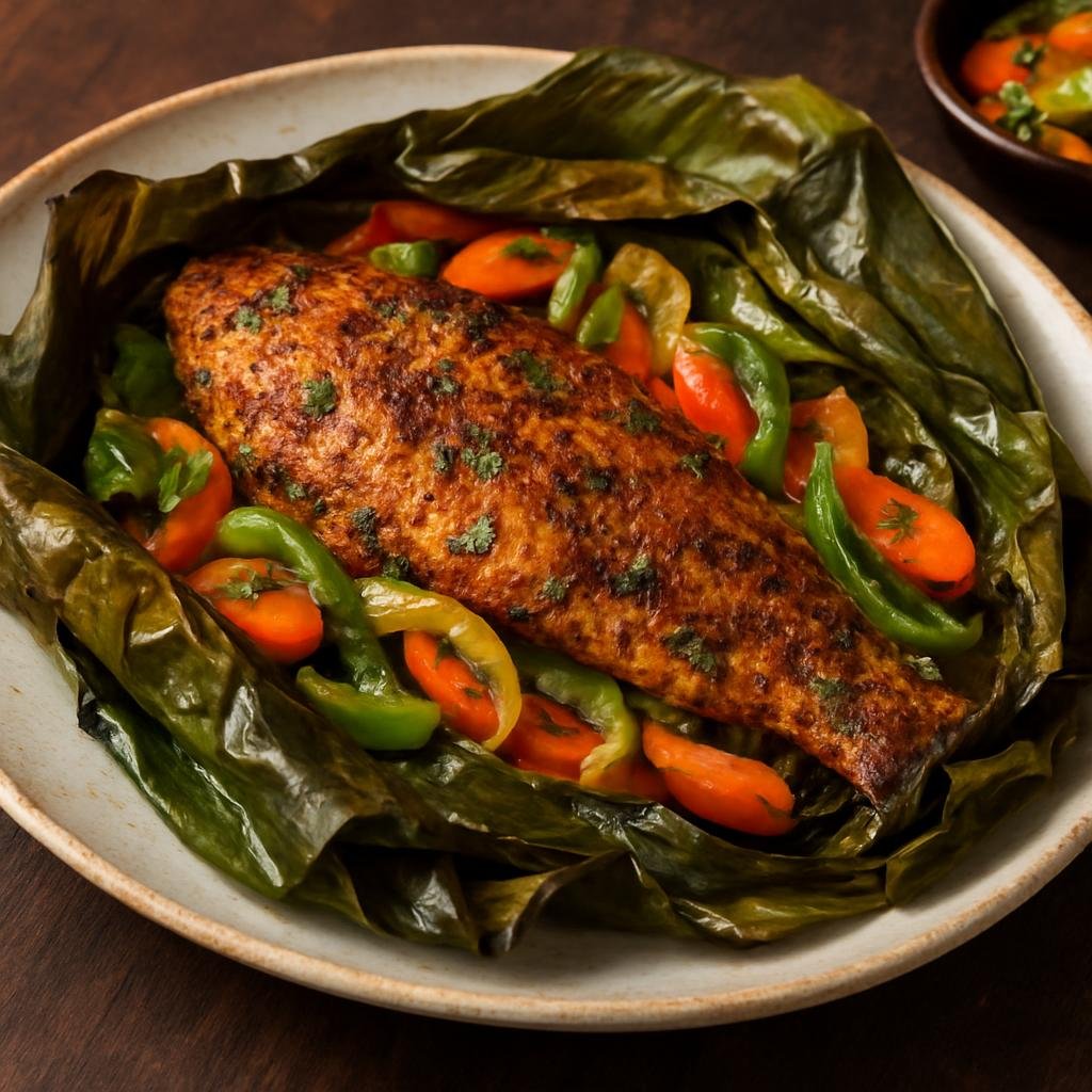 Entree: Democratic Republic of the Congo – National Cuisine – Liboké de Poisson (Seasoned fish wrapped in banana leaves and steamed or grilled with vegetables and local spices) recipe