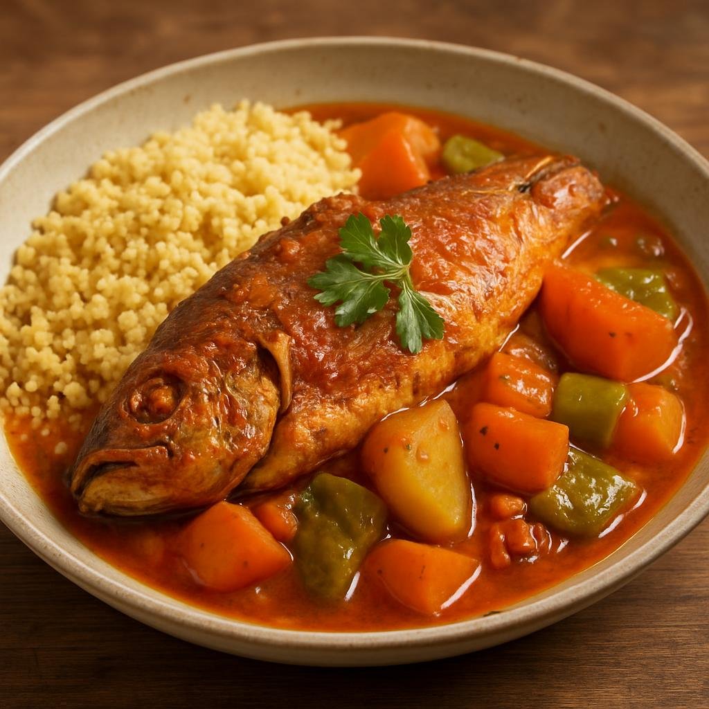 Entree: Tunisia – Sahel Coast – كسكسي بالسمك ➤ Kuskusi bil-samak (Steamed semolina couscous served with a spicy fish and vegetable stew) recipe