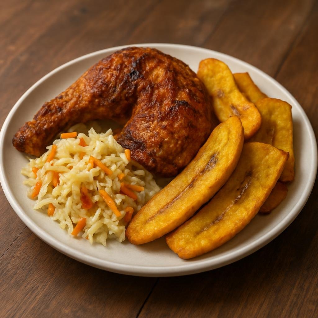 Entree: Honduras – Northern Culinary Region – Pollo con Tajadas (Honduran fried marinated chicken served with twice-fried green plantain slices and tangy cabbage curtido) recipe