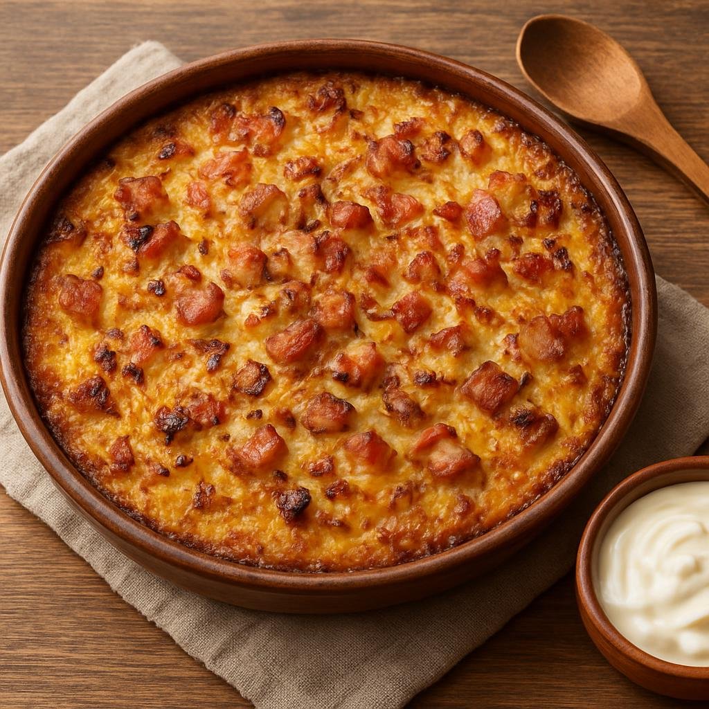 Entree: Lithuania – Northern Culinary Region – Kugelis (Hearty baked Lithuanian potato pudding with bacon and onions) recipe