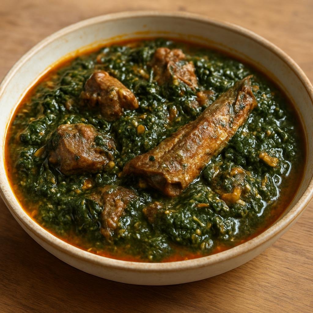 Entree: Sierra Leone – Northern Culinary Region – Cassava Leaves (Hearty stew of pounded cassava leaves cooked with meat, smoked fish, palm oil and seasonings) recipe