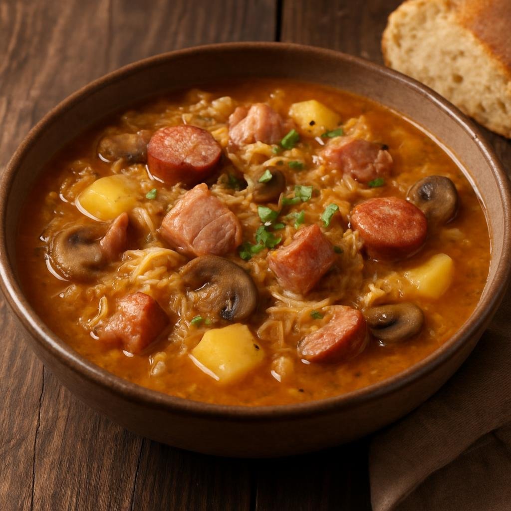 Entree: Slovakia – Northern Culinary Region – Kapustnica (Hearty Slovak sauerkraut soup made with smoked pork, sausage, mushrooms and potatoes) recipe