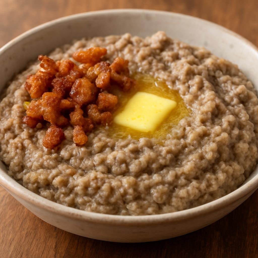 Entree: Slovenia – Northern Culinary Region – Ajdovi Žganci (Coarse buckwheat spoonbread—hearty spoonable dumplings traditionally served with pork cracklings and butter) recipe