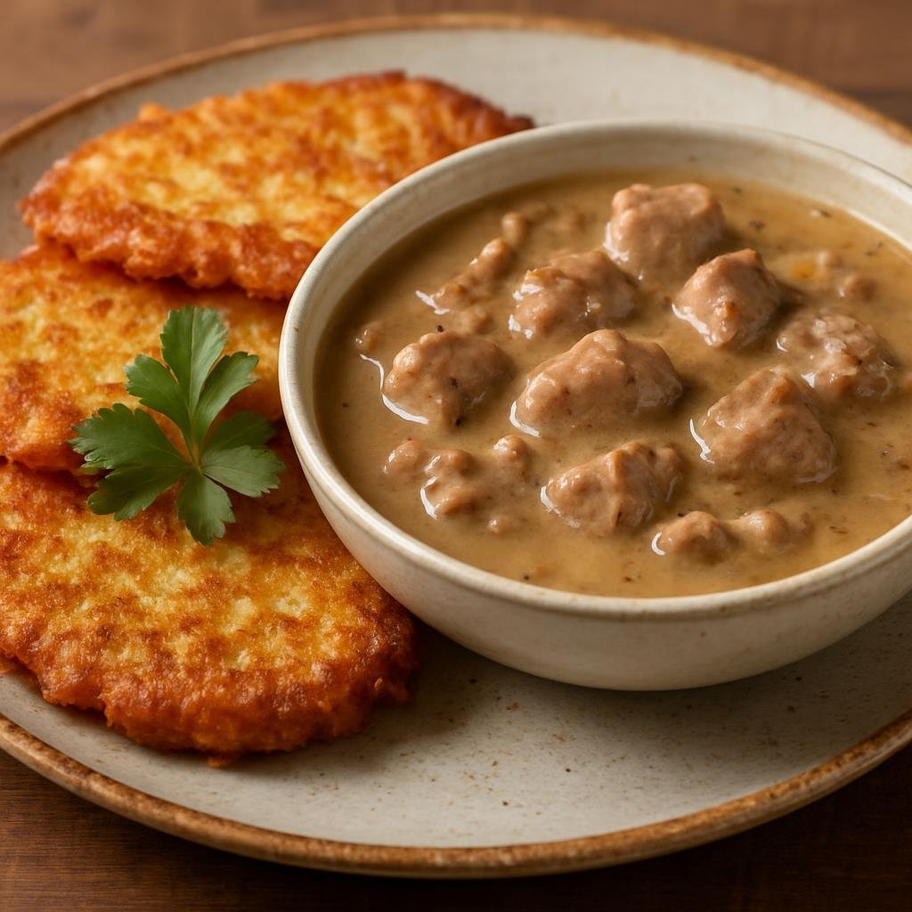 Entree: Belarus – Central Culinary Region – Мачанка ➤ Machanka (Thick pork-based stew or gravy traditionally served with potato pancakes or boiled potatoes) recipe