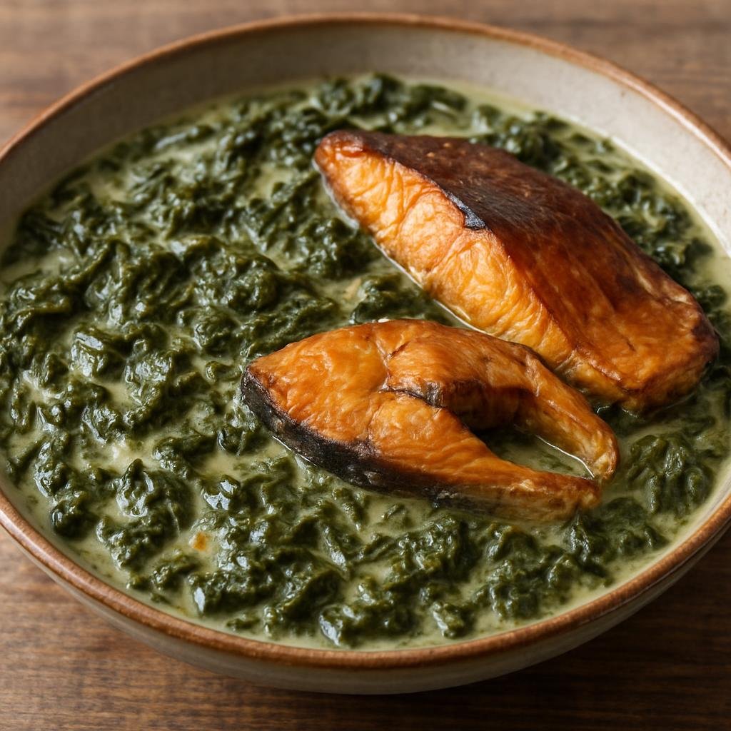 Entree: Cook Islands – Rukau (Stewed taro leaves cooked down with coconut cream and aromatics, often paired with smoked fish) recipe