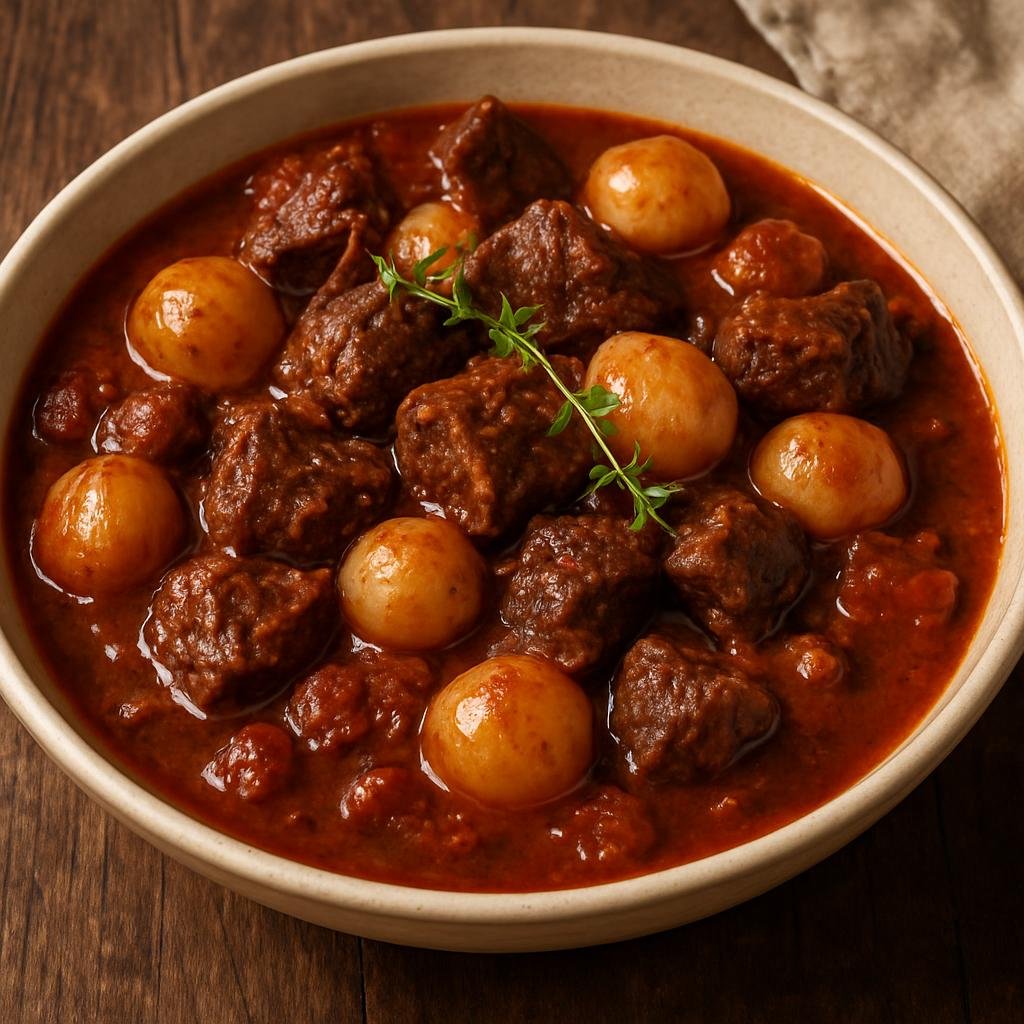 Entree: Cyprus – Στιφάδο ➤ Stifádo (Cypriot beef stew braised with pearl onions, red wine, tomatoes, and warm spices) recipe