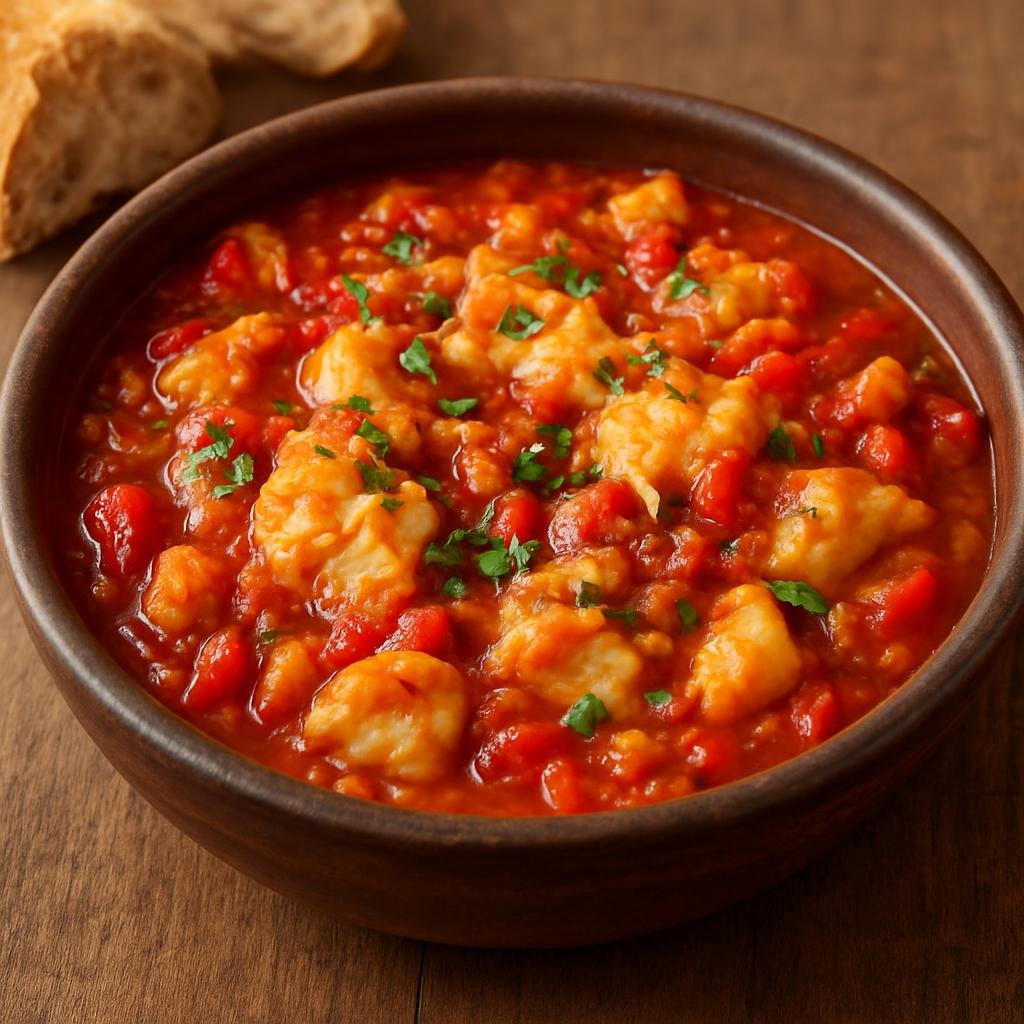 Entree: Spain – Aragon – Bacalao Ajoarriero (Salted cod cooked with garlic, tomatoes and red pepper in a rustic Aragonese stew) recipe