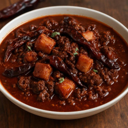 Entree: USA – Texas – Classic Texas Red with Dried Chiles, Pork Belly Cubes, and Ground Moose (Traditional Texas red chile using rehydrated dried chiles, cubed pork belly, and ground moose) recipe