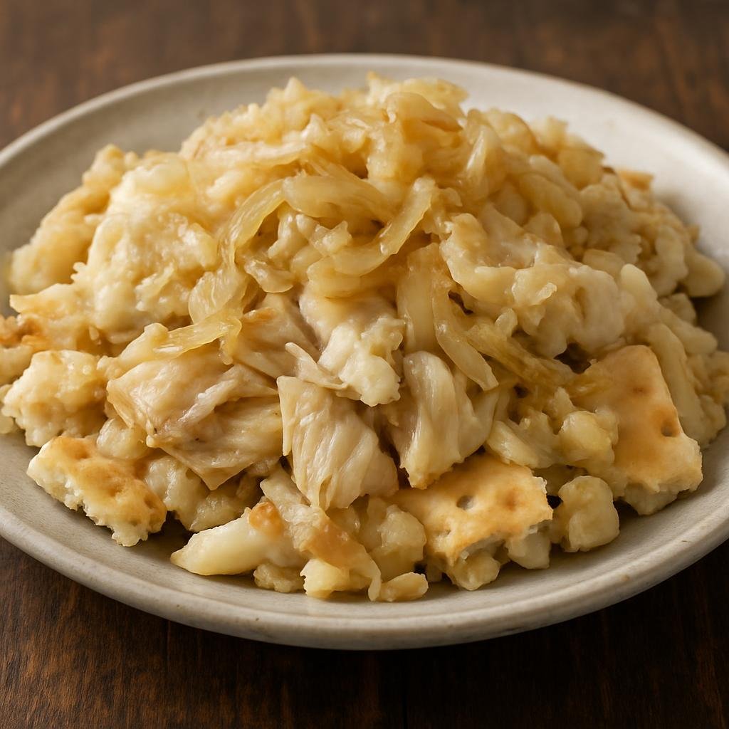 Entree: Canada – Atlantic Canada – Fish and Brewis (Salted cod and hardtack boiled together and served with rendered pork fat and onions) recipe