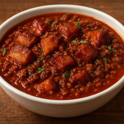 Entree: USA – Texas – Smoked Pork Belly and Ground Moose Texas Red (Texas red chile featuring smoked pork belly and ground moose for a deep, smoky entree) recipe