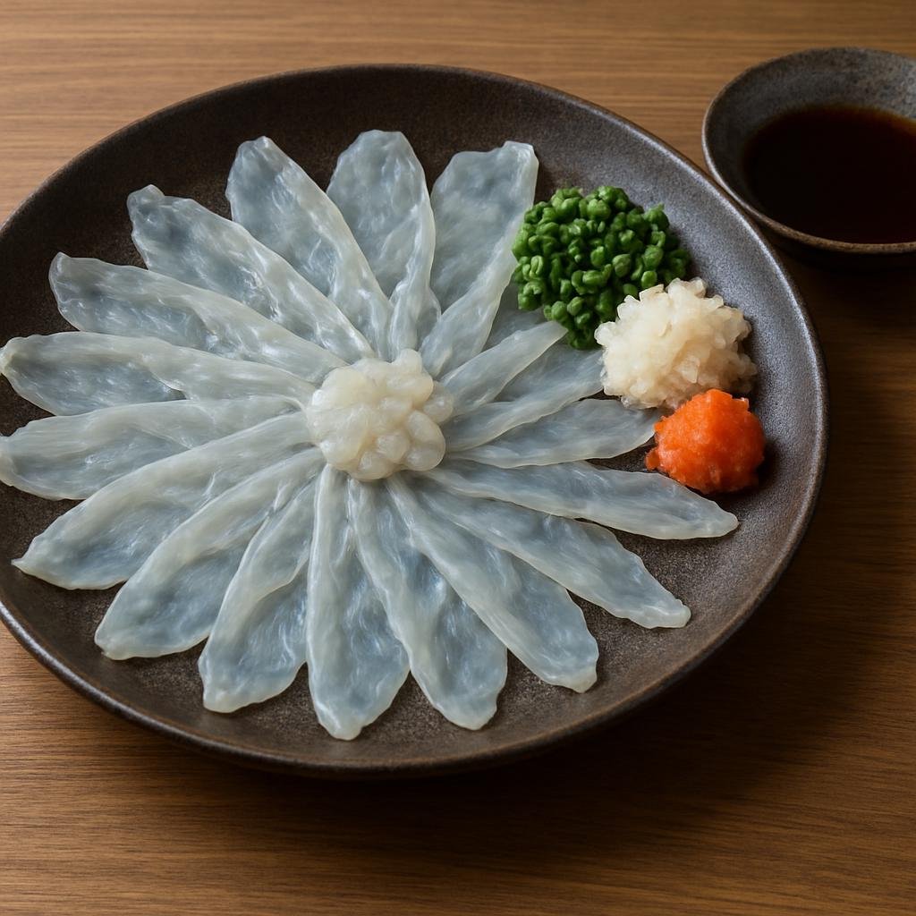 Entree: Japan – Chugoku – ふぐ刺身 ➤ Fugu sashimi (Paper-thin slices of pufferfish served raw with citrus-soy dipping sauce and condiments) recipe