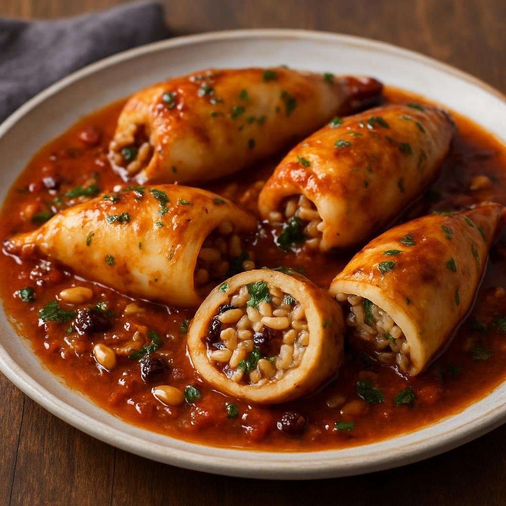 Entree: Turkey – Aegean Turkey – Aegean Style Stuffed Squid (Squid tubes stuffed with herbed rice, pine nuts and currants, cooked in olive oil and tomato-lemon sauce) recipe
