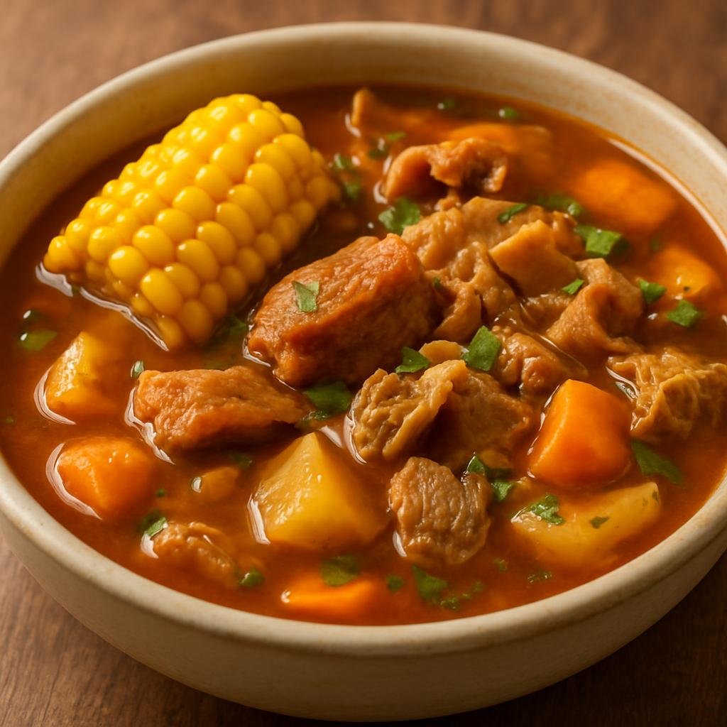 Entree: Colombia – Antioquia – Mondongo Antioqueño (Antioquia-style beef tripe stew with vegetables, corn, and pork, served in a rich savory broth) recipe