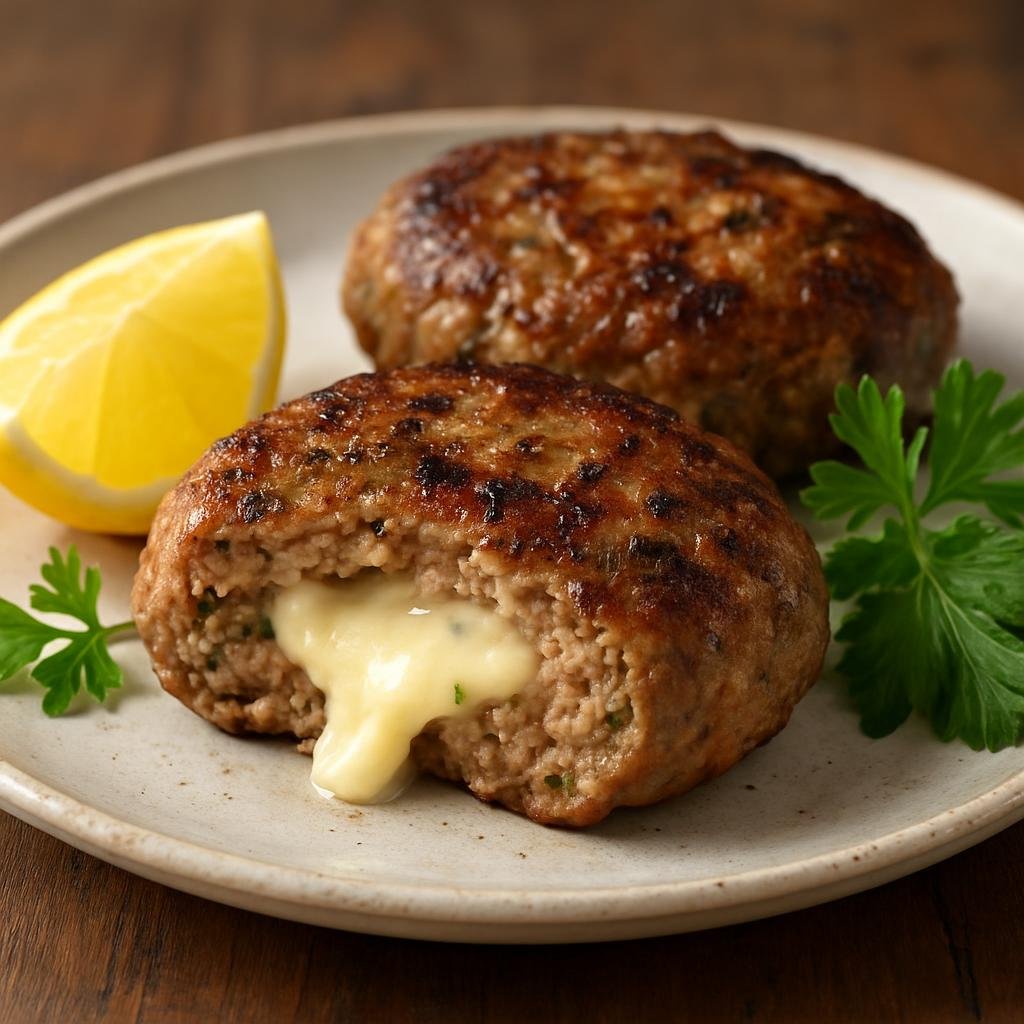 Entree: Greece – Athens & Attica – Μπιφτέκι ➤ Biftéki (Greek seasoned grilled meat patties often stuffed with cheese and served with lemon and herbs) recipe