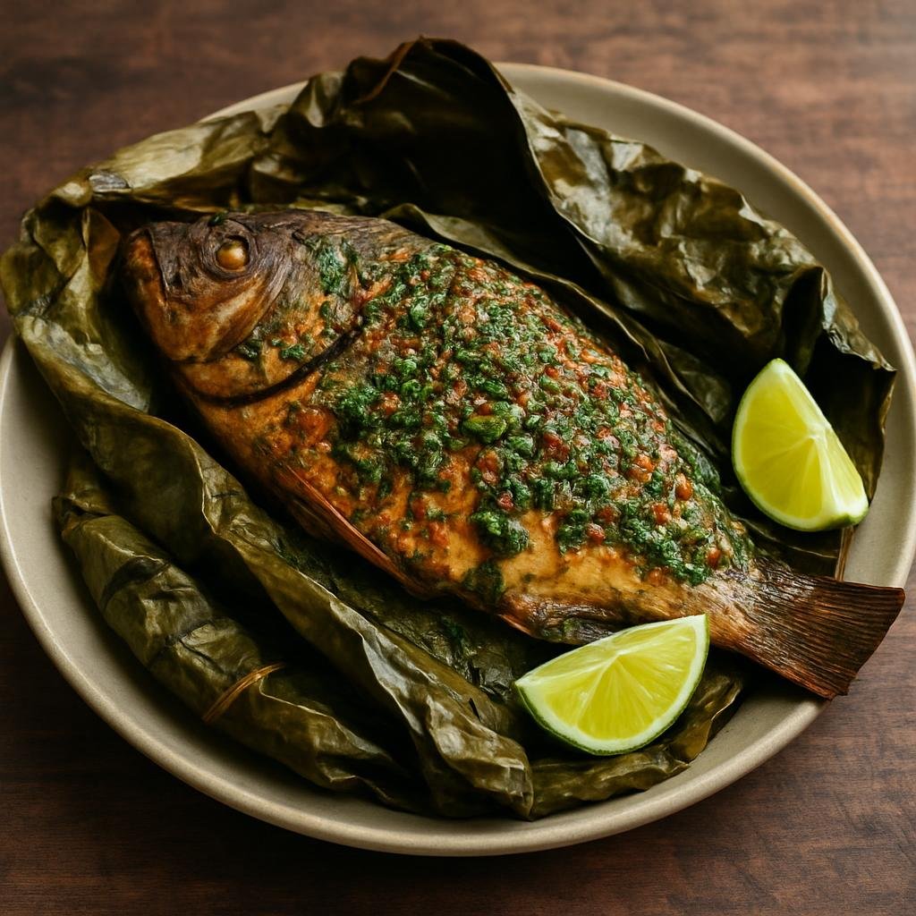 Entree: Peru – Amazonian Peru – Patarashca (Grilled or roasted whole river fish wrapped in bijao leaves with Amazonian herbs and spicy citrus marinade) recipe
