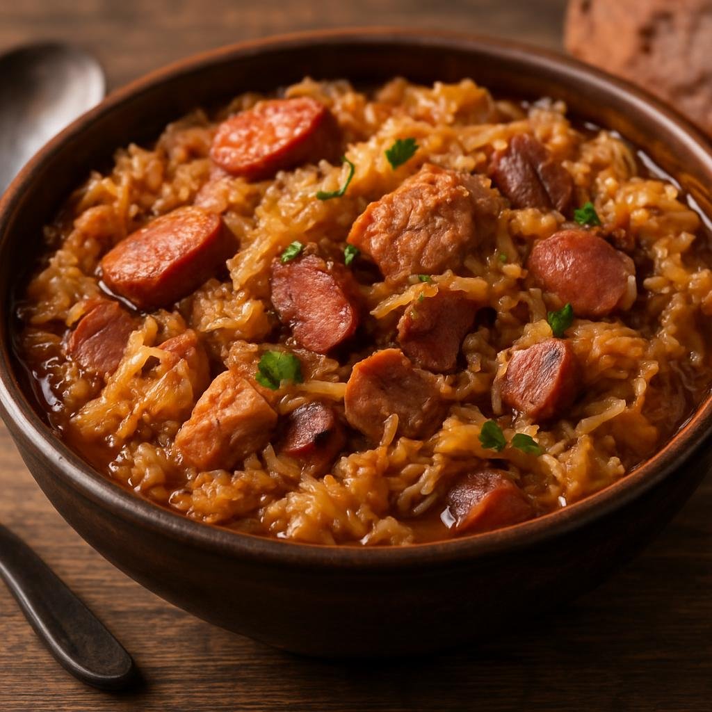 Entree: Poland – Highland / Gorale – Bigos (Hunter's stew of sauerkraut, fresh cabbage and mixed smoked and fresh meats) recipe