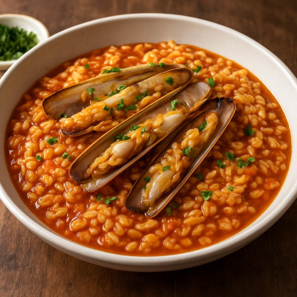Entree: Portugal – Algarve – Arroz de Lingueirão (Algarve-style rice cooked with razor clams in a tomato and garlic broth) recipe