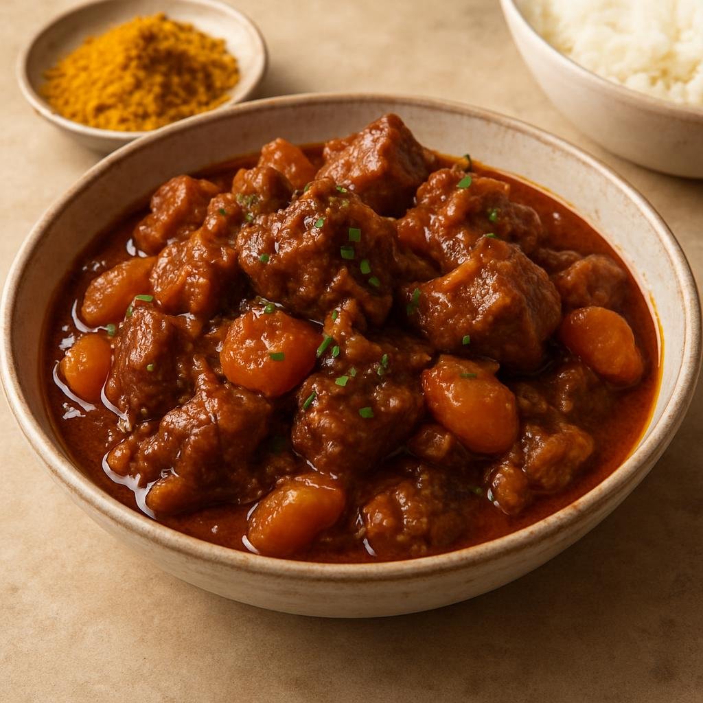 Entree: South Africa – Cape Malay – Denningvleis (Cape Malay sweet-and-sour braised lamb stew flavored with curry, vinegar and apricot) recipe