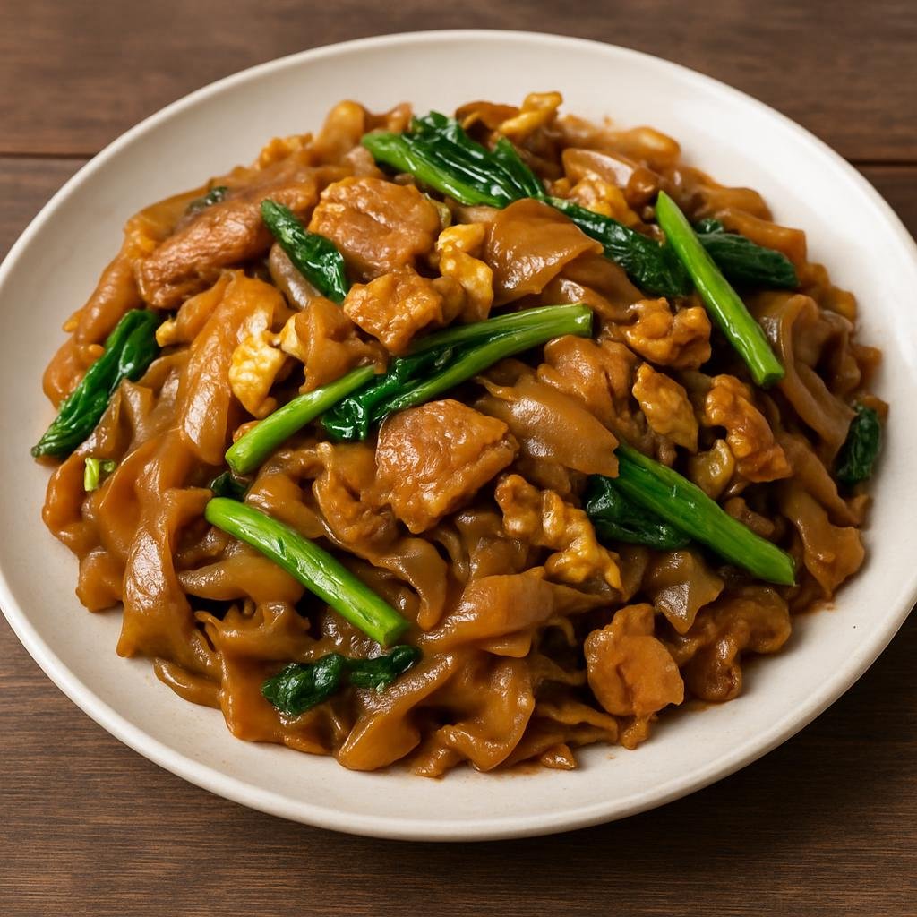 Entree: Thailand – Central Thailand – ผัดซีอิ๊ว ➤ Phat Si Iew (Thai stir-fried wide rice noodles with dark soy sauce, Chinese broccoli, egg and protein) recipe