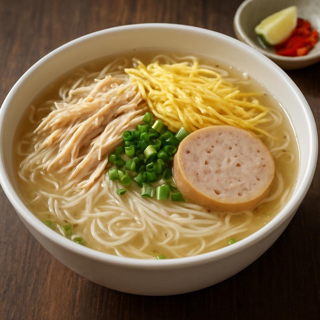 Entree: Vietnam – Hanoi – Bún Thang (Hanoi rice vermicelli soup with delicate shredded chicken, thin egg crepe, pork roll and savory clear broth) recipe