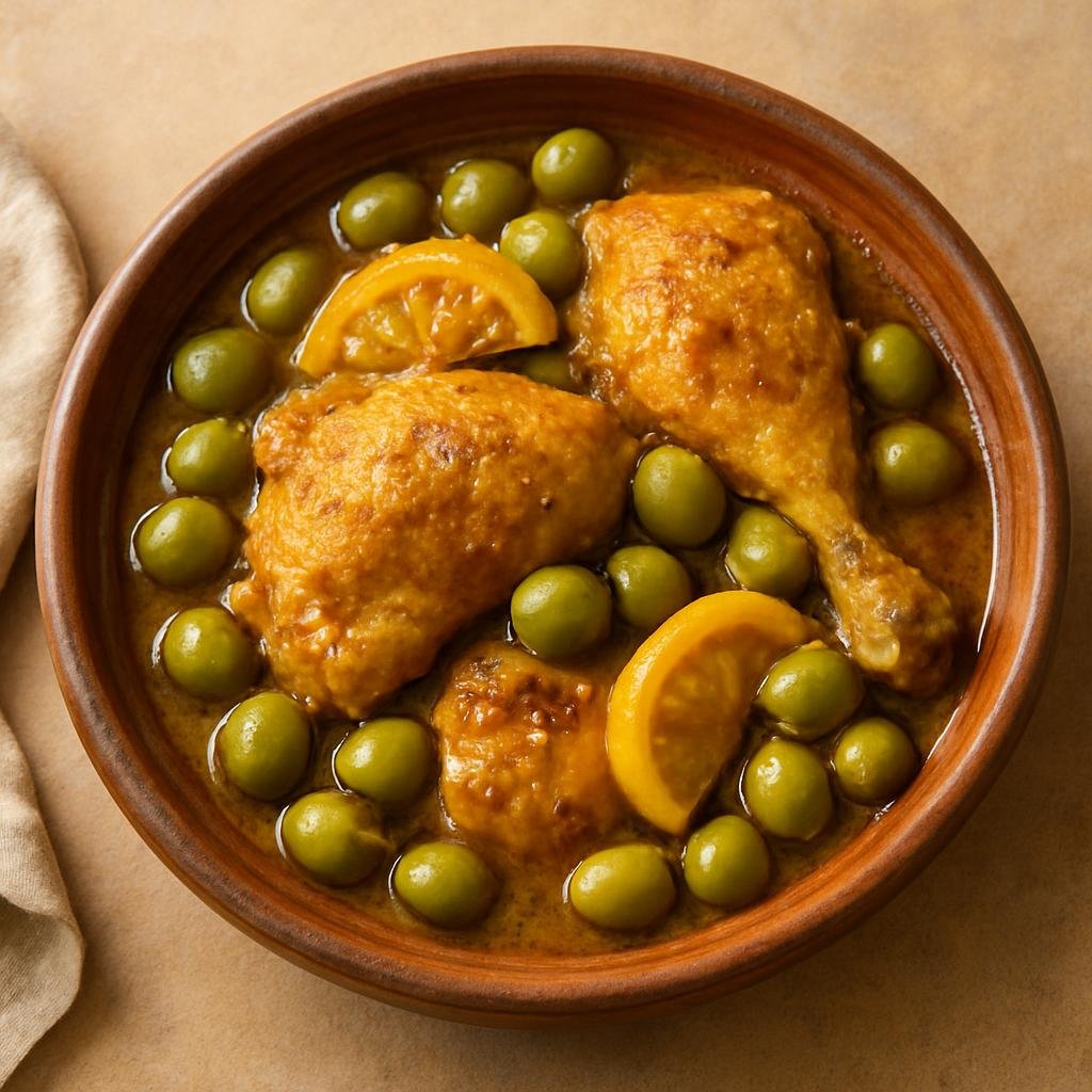 Entree: Algeria – Central Culinary Region – طاجين الزيتون ➤ Tajine Zitoun (Algerian braised chicken stew with green olives and preserved lemon in a fragrant spiced sauce) recipe
